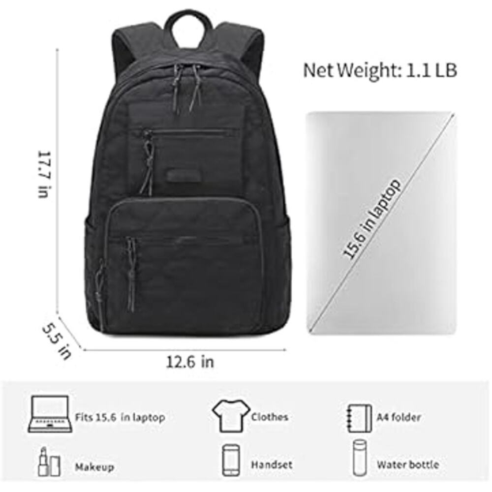 Classic Black Lightweight Nylon Laptop 15.6 Backpack with Multiple Zipper Pocket - Picture 2 of 4
